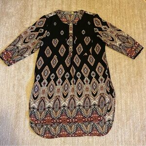 Figueroa & Flower Sheer Tunic Sheath Dress Black with Bohemian Pattern Small
